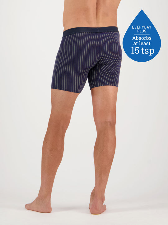 Confitex for Men leakproof long trunks for moderate bladder leakage in navy blue with a grey pinstripe - Back view